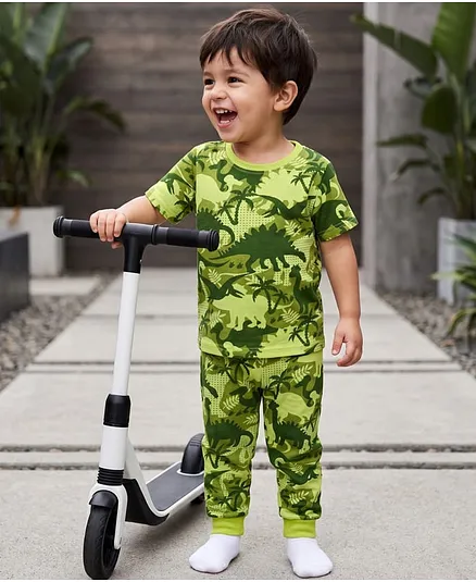 Babyhug Cotton Knit Half Sleeves Co-ord Night Suit With Dino Print - Green