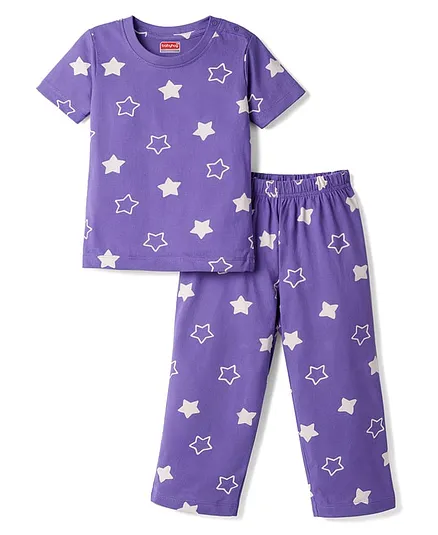 Babyhug Cotton Knit Half  Sleeves  Co-Ord T-Shirt & Pyjama Night-Suit With Star Print - Purple