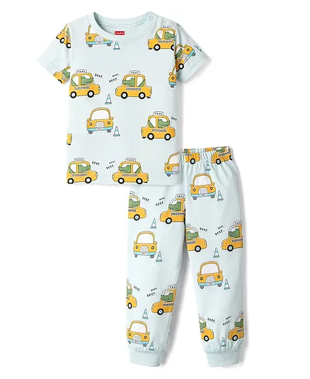 Babyhug Cotton Knit Half Sleeves Co-Ord T-Shirt & Pyjama Night Suit With Taxi & Dino Print - Blue