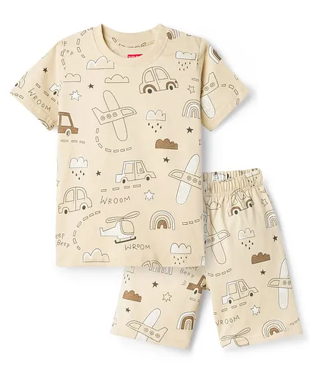 Babyhug Cotton Knit Half Sleeves Co-Ord T-Shirt & Shorts Night Suit With Car Print - Brown & Beige