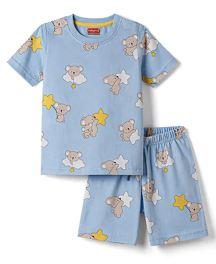 Babyhug Cotton Knit Half  Sleeves Co-Ord T-Shirt & Shorts Night Suit With Koala Print - Blue