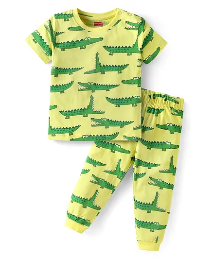Babyhug Cotton Knit Half Sleeves Co-ords Night Suit  with Dino Print -Limegreen