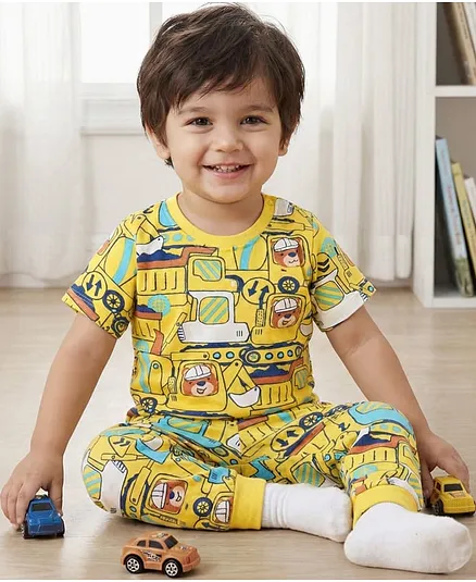 Babyhug Cotton Knit Half Sleeves Co-Ords Nightsuit With Vehicles Print - Yellow