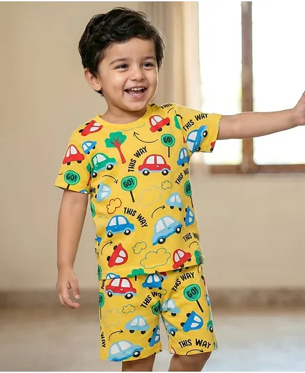 Babyhug Cotton Knit Half Sleeves Co-ords Shorts Night Suit With Vehicle Print - Yellow