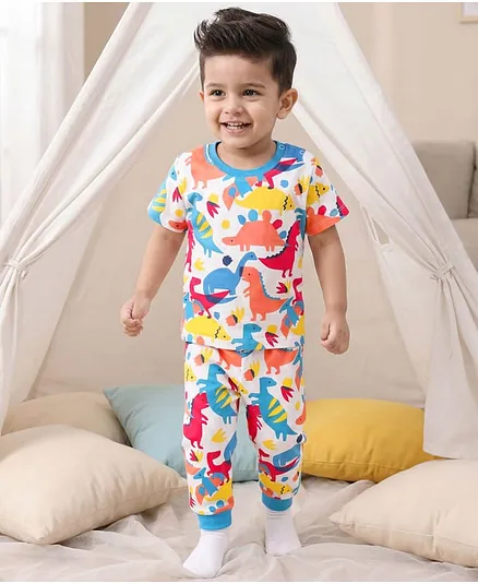 Babyhug Cotton Knit Half Sleeves Co-ords T-Shirt & Pajama Night Suit with Dino Print - Multicolor