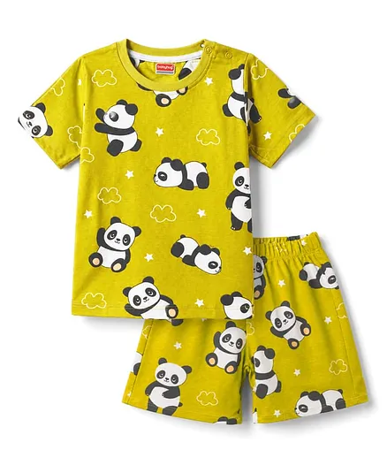 Babyhug Cotton Knit Half Sleeves Panda & Star Printed Co-Ords T-Shirt & Shorts Night Suit - Lime Green