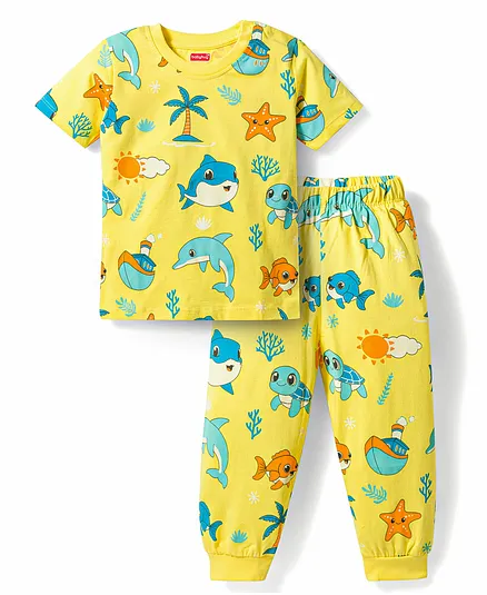 Babyhug Cotton Knit Half Sleeves Sea Life Printed Co-Ords T-Shirt & Pyjama Night Suit - Yellow