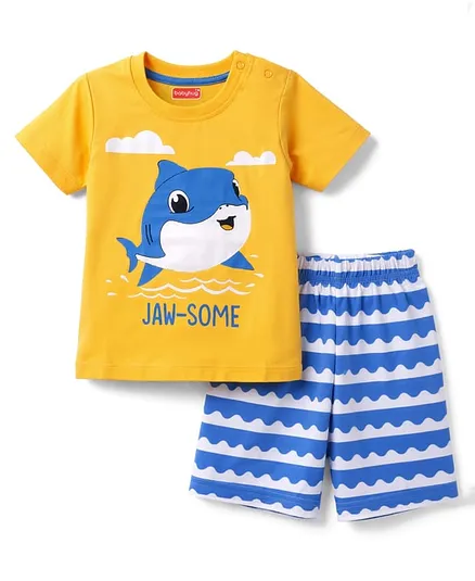 Babyhug Cotton Knit Half Sleeves Sea Life Printed & Striped T-Shirt & Shorts Night Suit - Orange