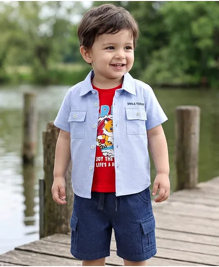 Babyhug Cotton Knit Half Sleeves & Shorts Set With Tiger Printed Tank T-Shirt - Blue & Red