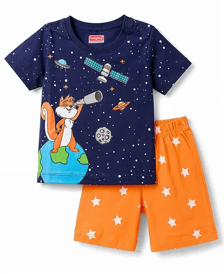 Babyhug Cotton Knit Half Sleeves Space Theme Printed T-Shirt & Shorts Night Suit - Navy