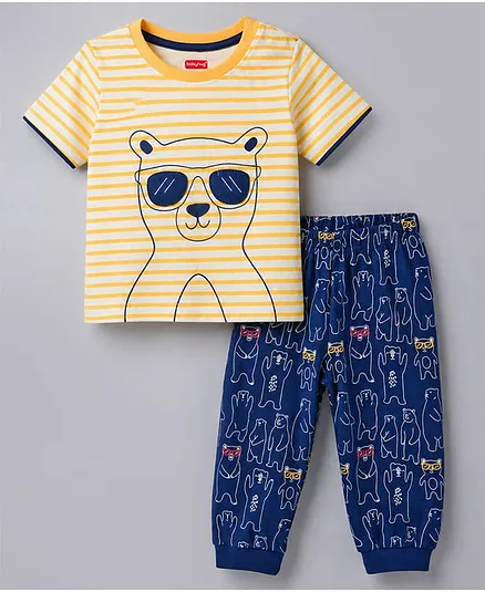 Babyhug Cotton Knit Half Sleeves Striped & Bear Printed T-Shirt & Pyjama Night Suit With Patch - Orange & Navy Blue