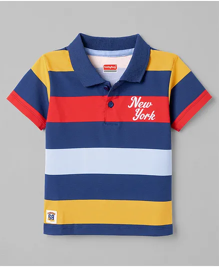 Babyhug Cotton Knit Half Sleeves Striped Polo T-Shirt   with Text Embroidered - Navy Blue