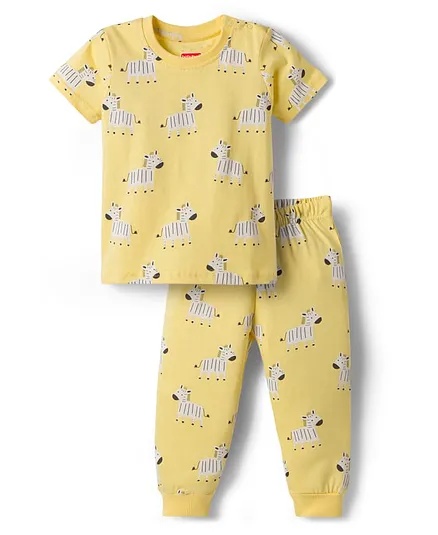 Babyhug Cotton Knit Half Sleeves T-Shirt & Pyjama Night Co-ord Night Suit With Zebra Print - Yellow