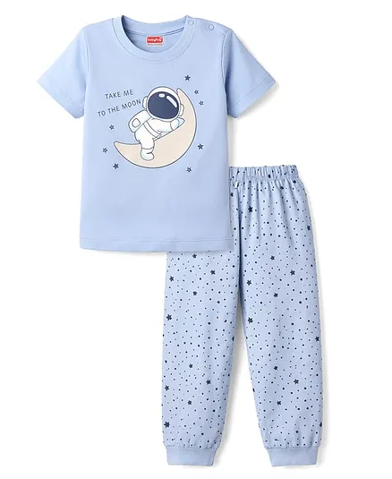 Babyhug Cotton Knit Half Sleeves T-Shirt & Pyjama Night Suit with Astronaut Print - Blue