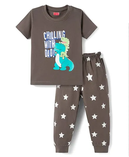 Babyhug Cotton Knit Half Sleeves T-Shirt & Pyjama Night Suit with Dino Print - Charcoal Grey