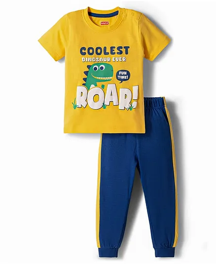 Babyhug Cotton Knit Half Sleeves T-Shirt & Pyjama Night Suit With Dino Print - Yellow