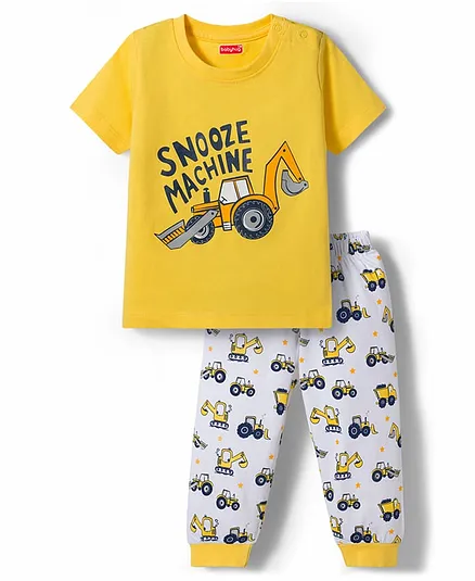 Babyhug Cotton Knit Half Sleeves T-Shirt & Pyjama Night Suit with JCB Print -  Yellow