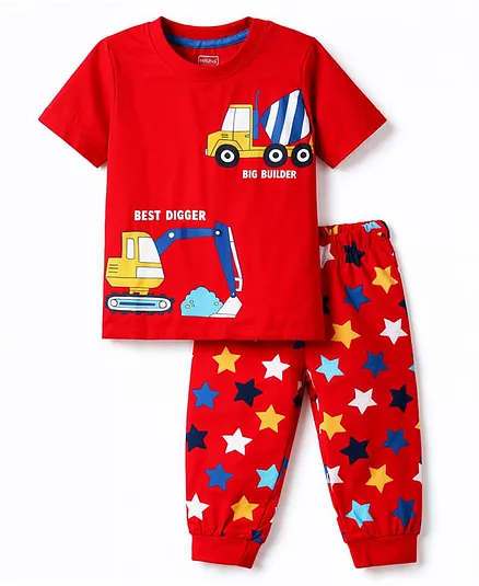 Babyhug Cotton Knit Half Sleeves T-Shirt & Pyjama Night Suit With Vehicle Print - Red