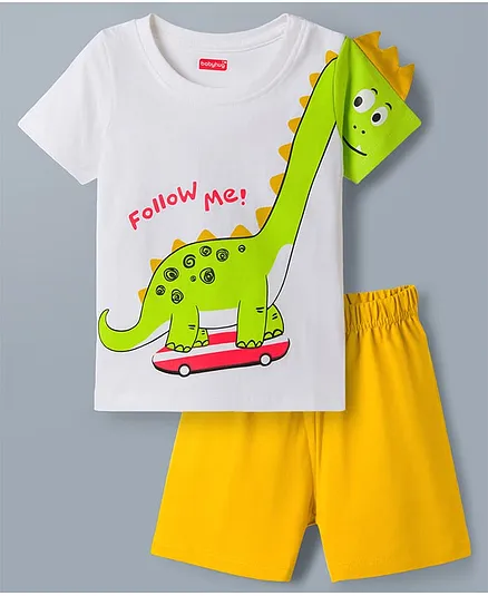 Babyhug Cotton Knit Half Sleeves T-Shirt & Shorts Night Suit with Dino Print & Applique - White