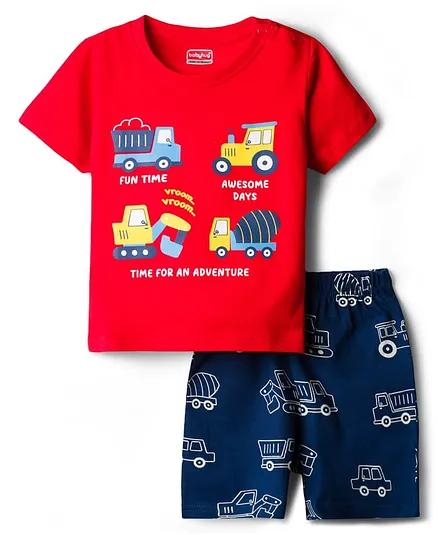Babyhug Cotton Knit Half  Sleeves T-Shirt & Shorts Night Suit With Truck Print - Red