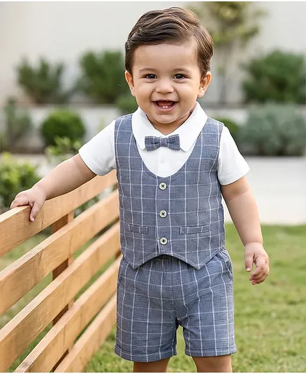 Babyhug Cotton Knit Half Sleeves T-Shirt & Shorts With Attached Checks Waistcoat & Bow - Blue