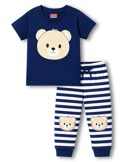 Babyhug Cotton Knit Half Sleeves T-Shirt & Striped Pyjama Night Suit With Bear Print - Navy Blue