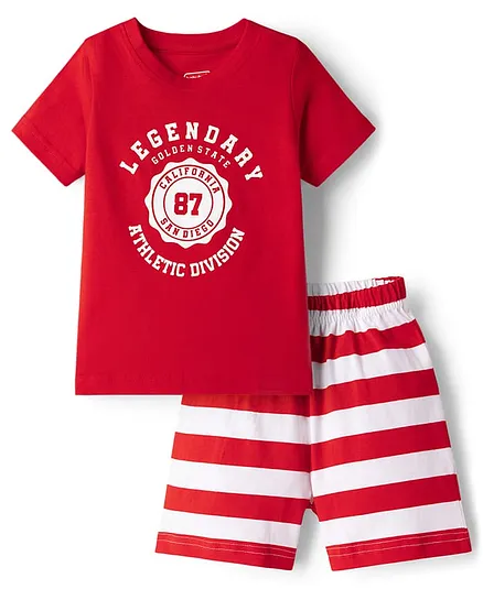 Babyhug Cotton Knit Half  Sleeves T-Shirt & Striped Shorts Night-Suit With Text Print - Red