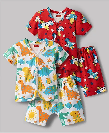 Babyhug Cotton Knit Half Sleeves T-Shirts & Shorts Co-ord Night Suits with Plane & Dino Print Pack of 2 - Multicolor