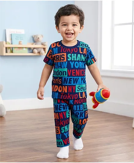 Babyhug Cotton Knit Half Sleeves Text Printed T-Shirt & Pyjama Co-Ord Night Suit Set - Navy Blue