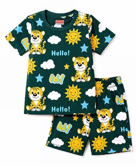 Babyhug Cotton Knit Half Sleeves Tiger Printed Co-Ords T-Shirt & Shorts Night Suit - Dark Green