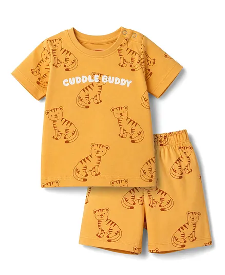 Babyhug Cotton Knit Half Sleeves Tiger Printed Co-Ords T-Shirt & Shorts Night Suit - Rust Orange