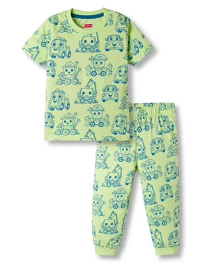 Babyhug Cotton Knit Half Sleeves Vehicles Printed Co-Ords  T-Shirt & Pyjama Night Suit - Light Green