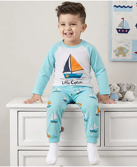 Babyhug Cotton Knit Raglan Full Sleeves Nautical Theme Printed T-Shirt & Pyjama Night Suit - White & Light Blue