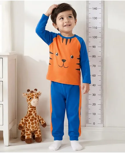 Babyhug Cotton Knit Raglan Full Sleeves T-Shirt & Pyjama Night-Suit With Tiger Print - Orange & Blue