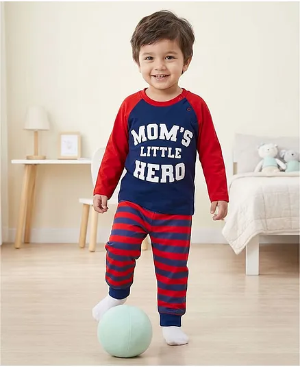 Babyhug Cotton Knit Raglan Full Sleeves Text Printed T-Shirt & Pyjama Night Suit With Stripes - Navy Blue & Red