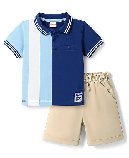 Babyhug Cotton Single Jersey Knit Half Sleeves  Striped Polo T-Shirt & Shorts Set - Blue Beige