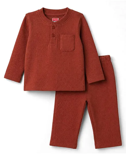 Babyhug Cotton Waffle Knit Full Sleeves Solid Textured Co-Ords T-Shirt & Pyjama Night Suit - Brown