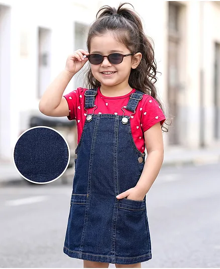Babyhug Cotton Woven Frock & Half Sleeves Inner Tee With Heart Print - Navy Blue & Pink