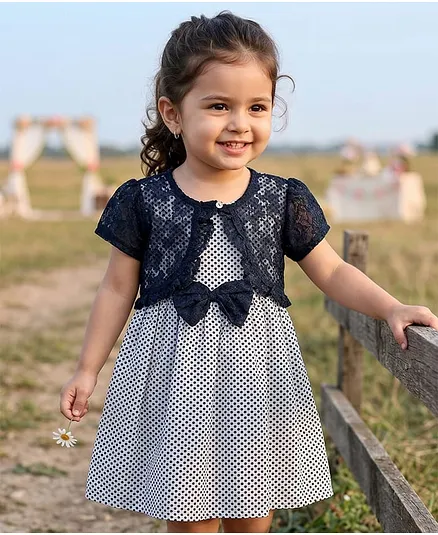 Babyhug Cotton Woven Frock & Half Sleeves Shrug With Polka Dot Print & Bow Applique - Navy Blue