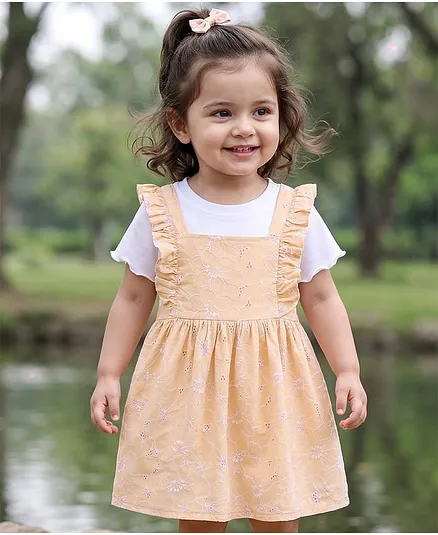 Babyhug Cotton Woven Frocks with Inner Tee Embroidered Beige 3-4 Years