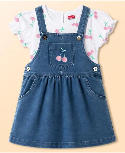 Babyhug Cotton Woven Frocks with Inner Tee With Cherry Embroidery & Print - Blue
