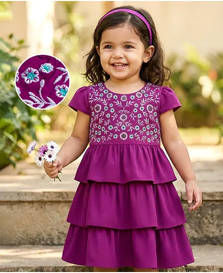 Babyhug Cotton Woven Half Cap Sleeves Layered Frock with Floral Embroidery - Wine