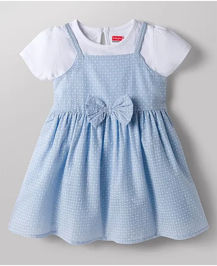 Babyhug Cotton Woven Half Sleeves Polka Dots Printed Frock With Inner Tee & Bow Applique - Light Blue & White