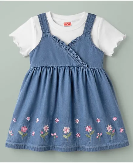 Babyhug Denim Woven Half Sleeves Floral Embroidered Frock With Inner Tee - Blue