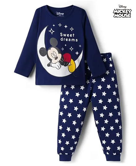 Babyhug Disney 100% Cotton Knit Full Sleeves T-Shirt & Pyjama Night Suit With Micky Mouse Graphics - Navy Blue