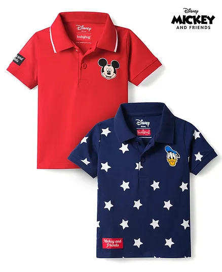 Babyhug Disney 100% Cotton Knit Half Sleeves Polo T-Shirts With Mickey Mouse & Friends Graphic Pack Of 2 - Red & Navy Blue