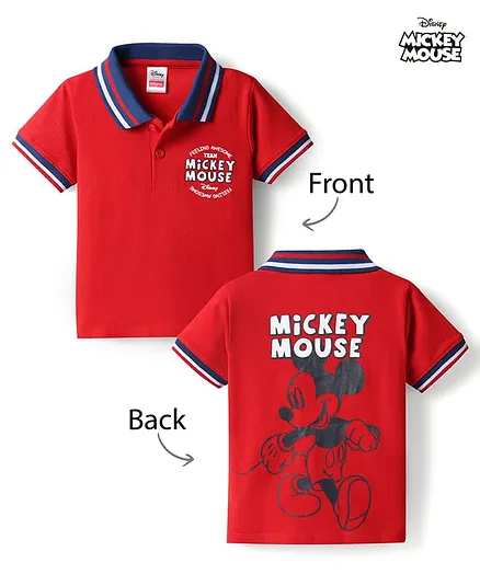 Babyhug Disney Cotton Knit T-Shirt Half Sleeve Polo Neck with Front and Back Mickey Mouse Graphic Multi Color 12-18 Months