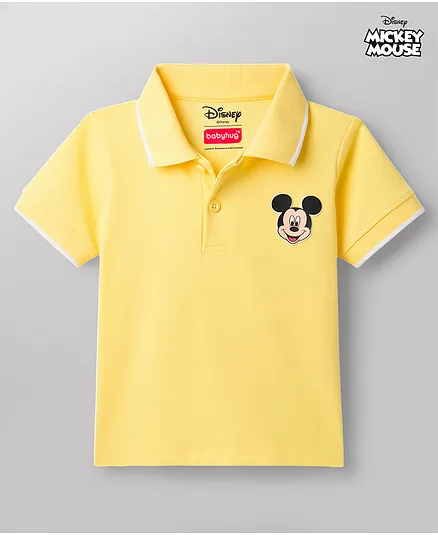 Babyhug Disney Cotton Pique Knit Polo T-Shirt with Mickey Mouse Badge Detailing Half Sleeves Polo Neck Yellow 9-12 Months