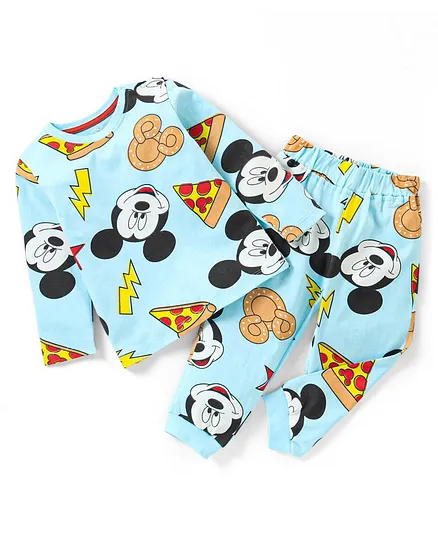 Babyhug Disney Single Jersey Full Sleeve Night Suit Mickey Mouse All Over Print - Light Blue