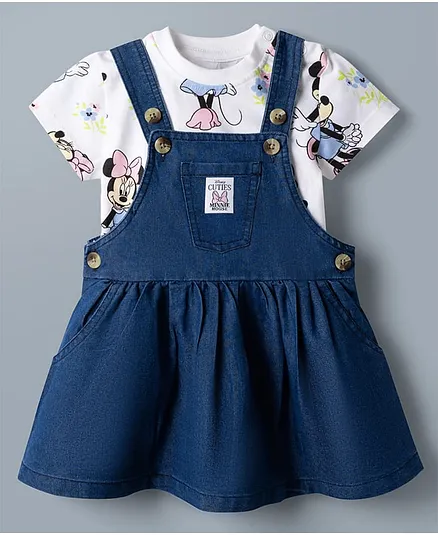 Babyhug Disney Single Jersey Knit Denim Frock with Half Sleeves T-Shirt with Minnie Mouse Graphics - White & Blue